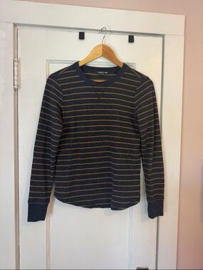 Toad & Co Navy & Tan Striped Long Sleeve Thermal Crewneck Top